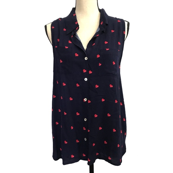 Just Living Tops - Just Living Navy Pink Heart Print Button up Shirt